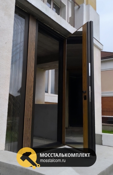 Дверь со стеклами, зеркалом и длинной ручкой