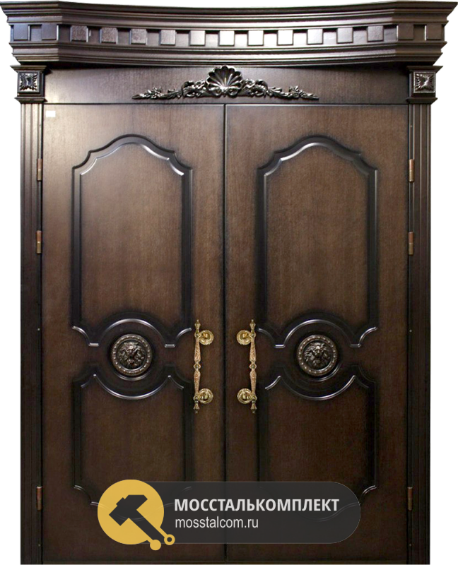 Парадная двустворчатая металлическая парадная дверь с резным карнизом для загородного дома, коттеджа, магазина, офиса