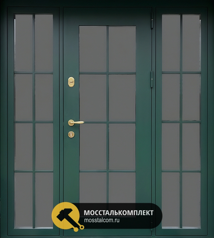 Парадная остекленная термодверь с дополнительными боковыми вставками и зеленым порошковым напылением